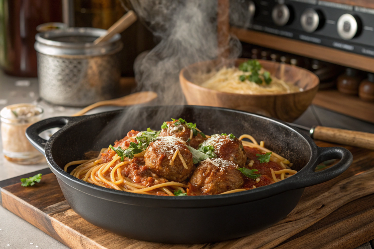 spaghetti and meatballs in a dutch oven